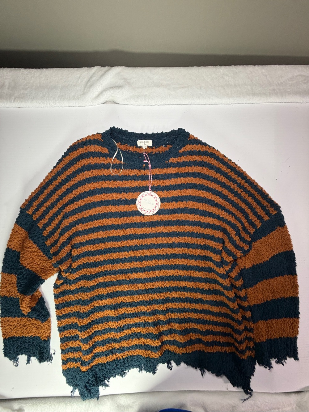 Umgee Striped Crewneck Sweater in Rust and Dark Teal